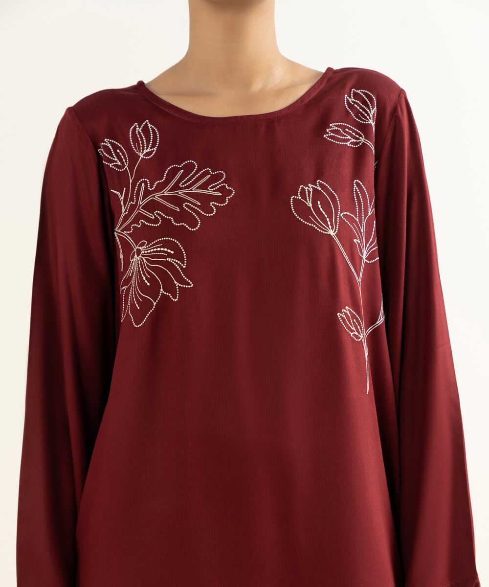 Women's RTW Bedford  Embroidered Maroon Straight Shirt