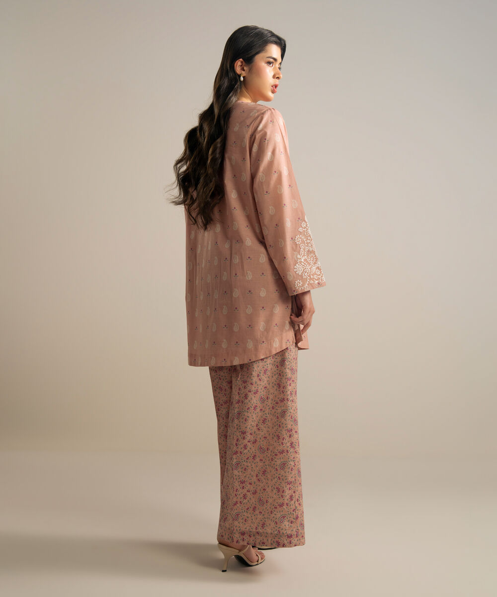 Women's RTW Slub Lawn Embroidered Pink Straight Shirt