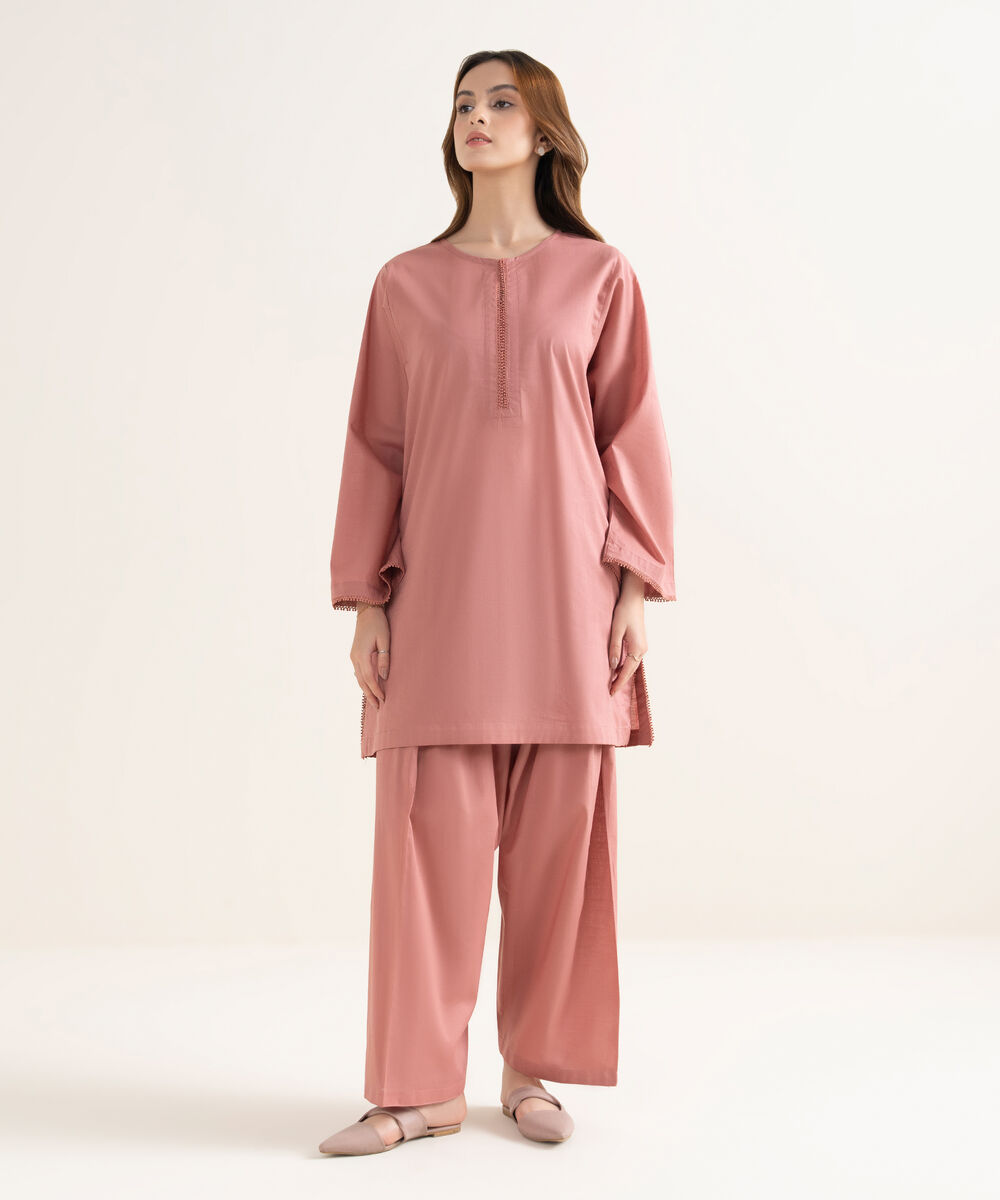 Women's RTW Textured Cotton Solid Drop Shoulder Pink Shirt