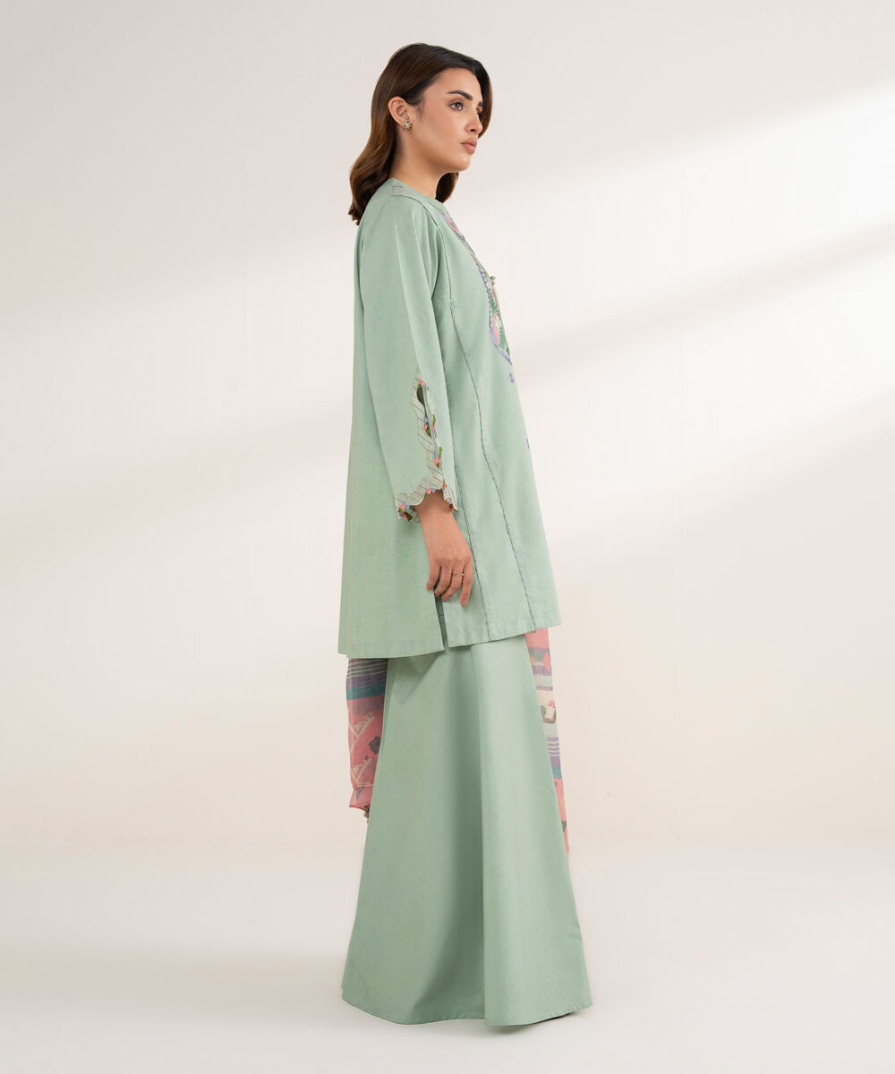 Women's Unstitched Cotton Viscose Embroidered Green 3 Piece Suit