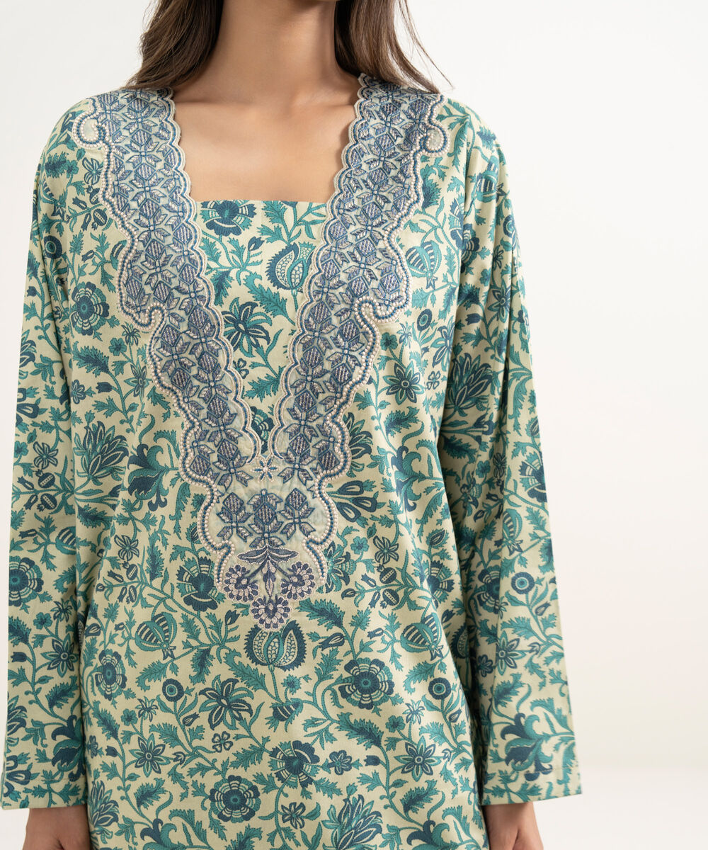 Women's RTW Cotton Viscose Embroidered Green Straight Shirt