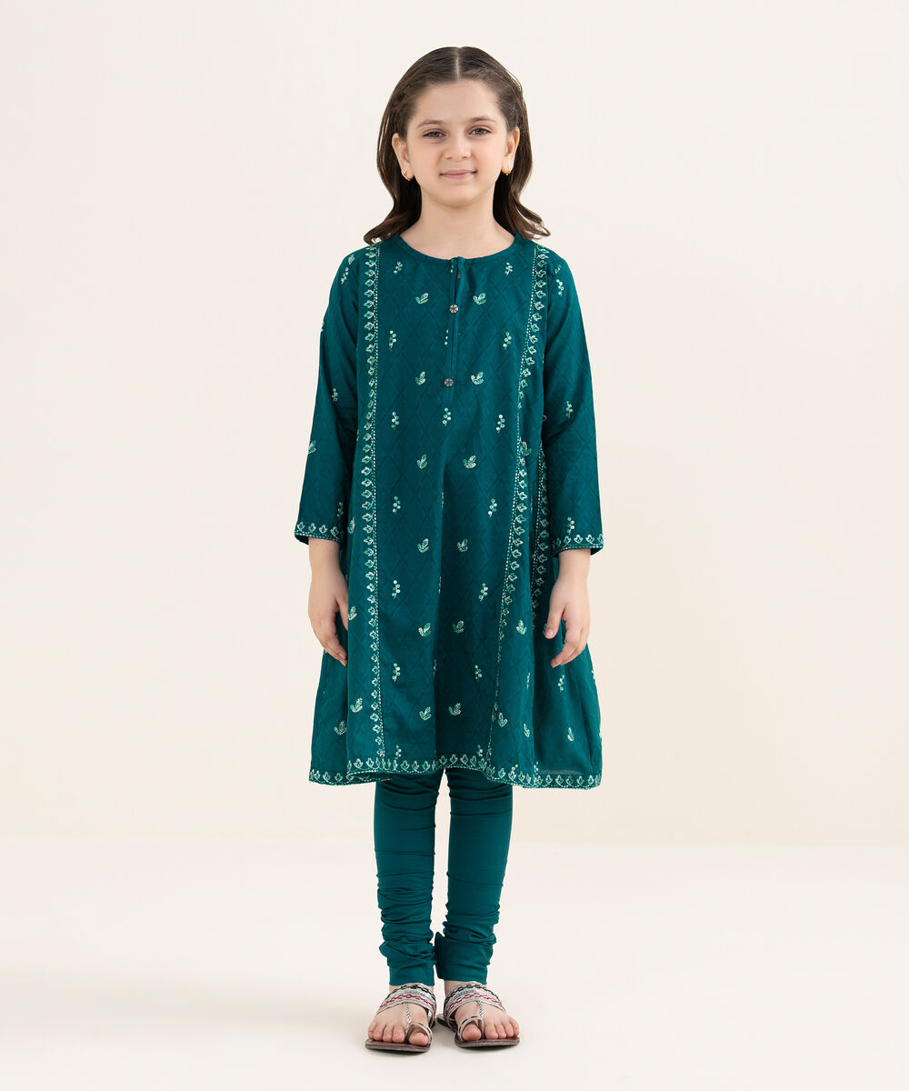 Girl's Cotton Jacquard Embroidered Teal 2 Piece Set