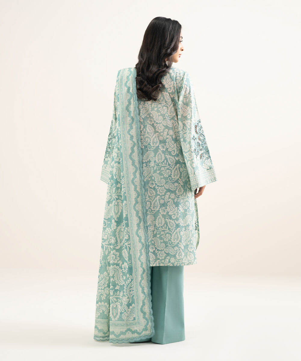 Women's Unstitched Lawn Embroidered Blue & White 3 Piece Suit