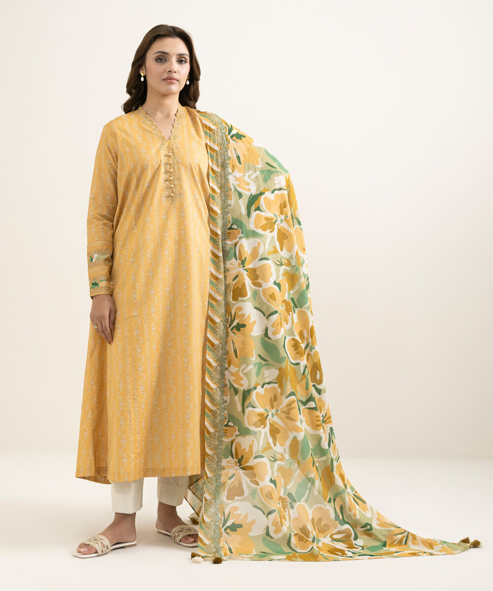Women's Unstitched Lawn Printed Yellow 2 Piece Suit
