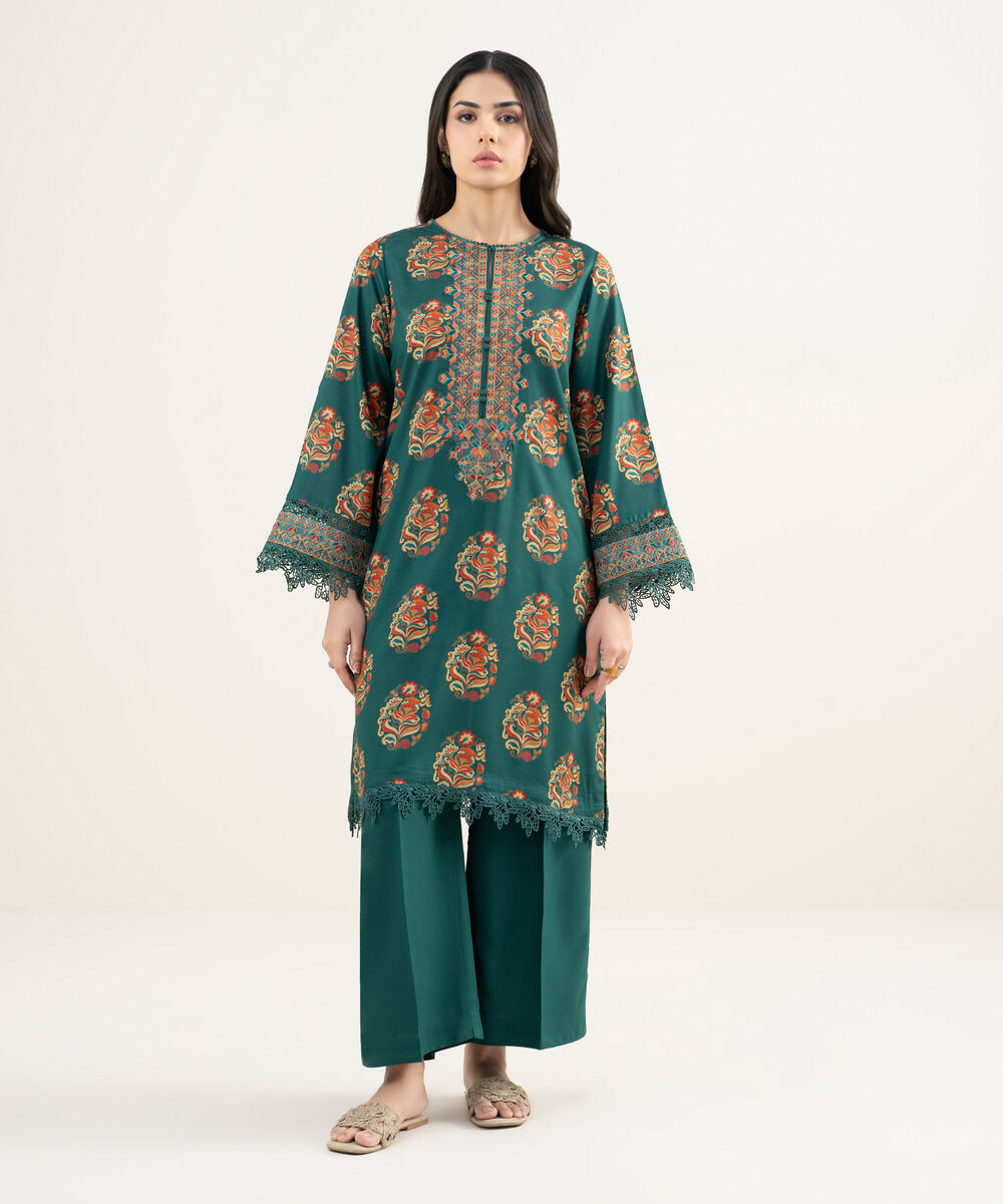 Women's RTW Arabic Cambric Embroidered Dark Green Straight Shirt