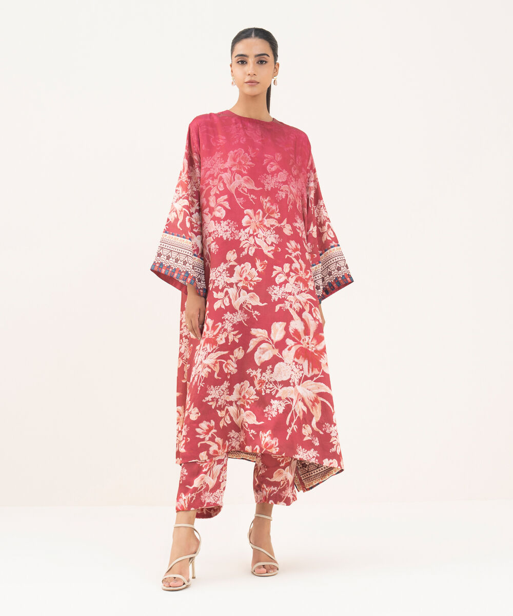 Women's RTW Blended Satin Pink Printed A-Line Shirt