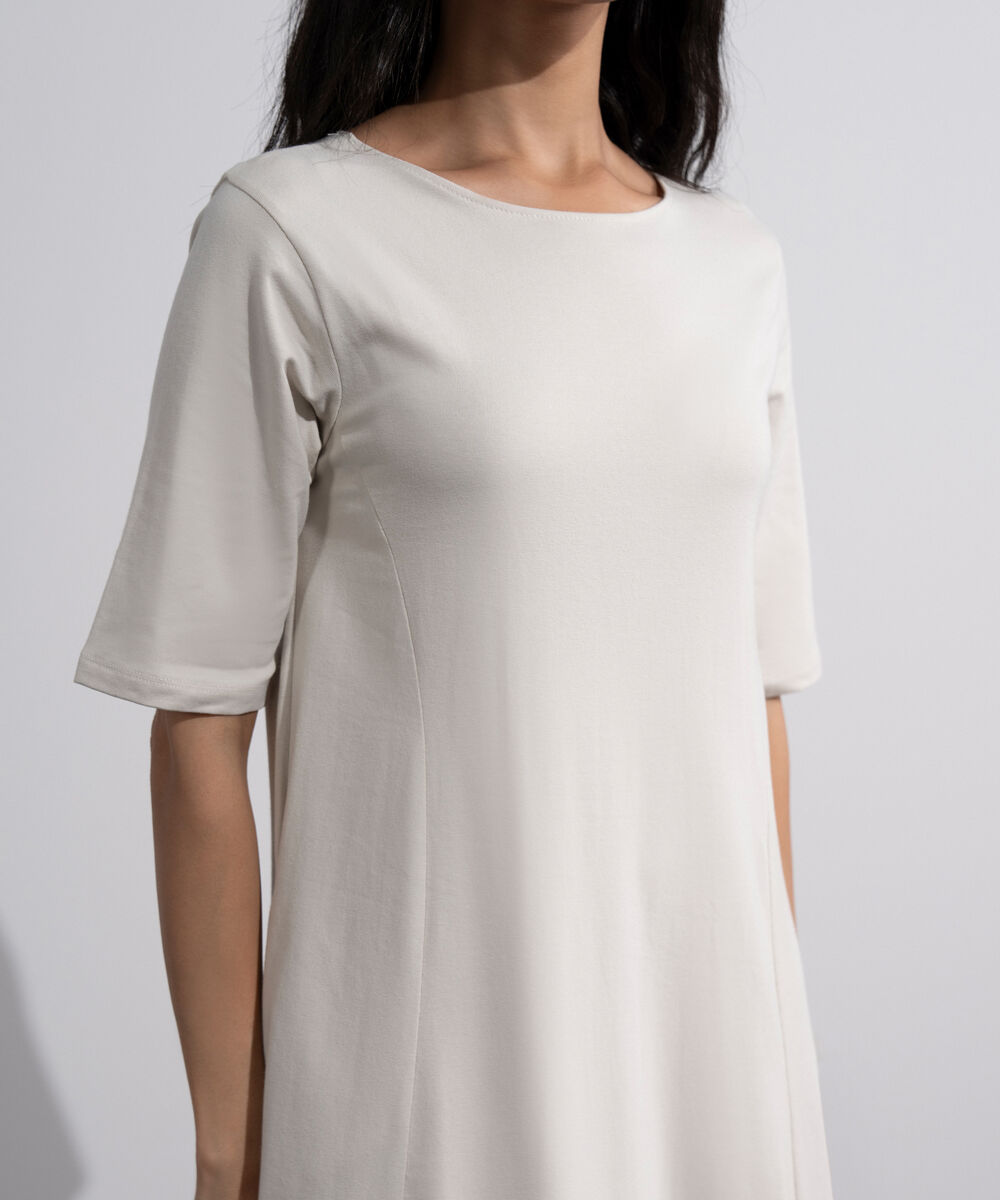 Women's Beige Flared Panelled Midi Dress