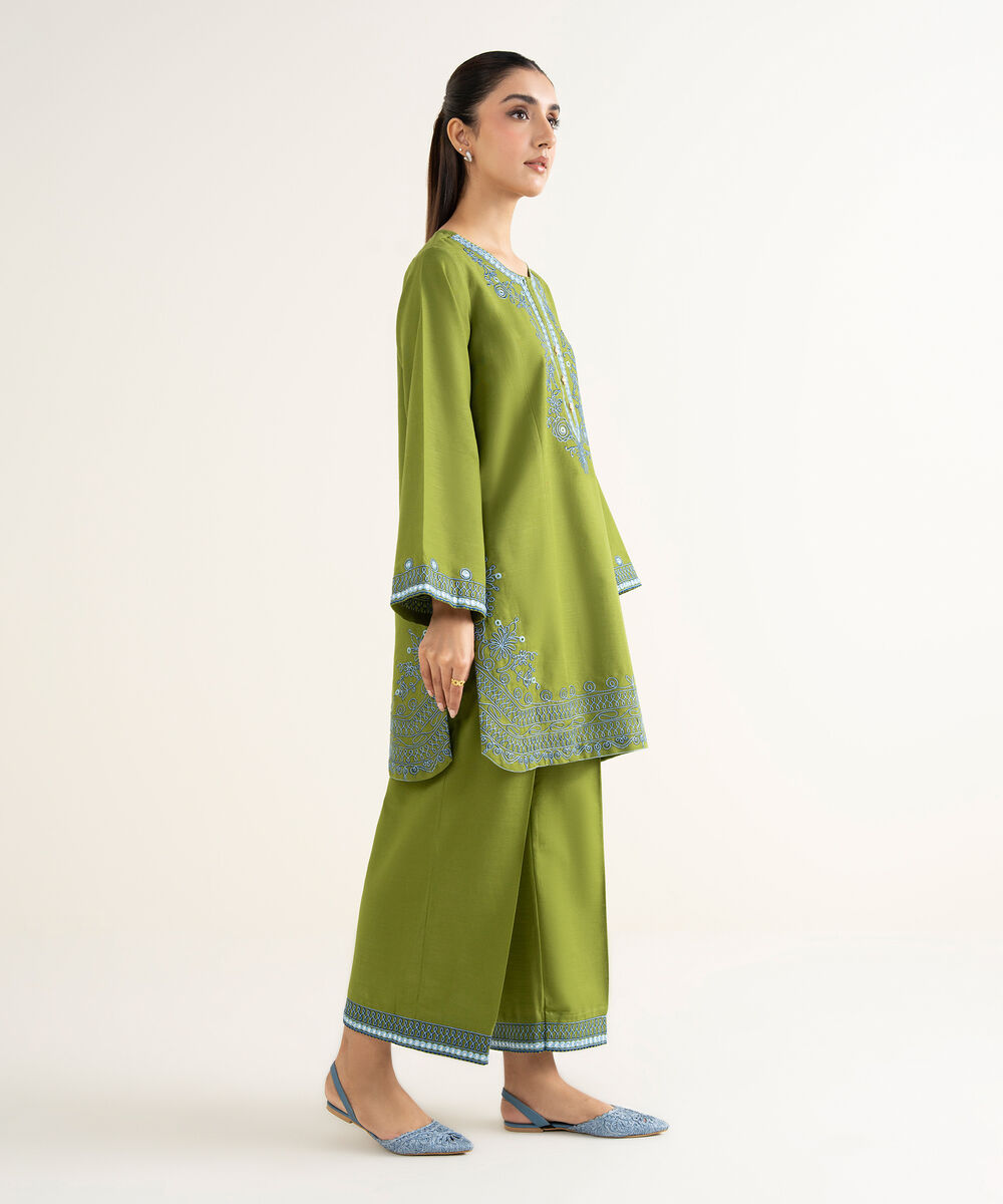 Women's RTW Khaddar Embroidered Green Straight Shirt