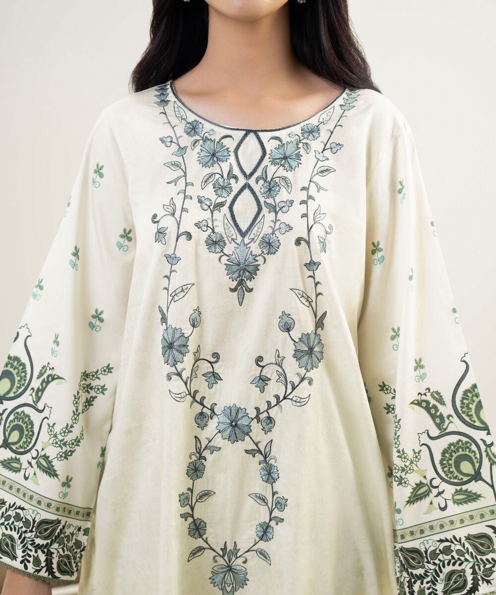 Women's RTW Cotton Satin Embroidered White A-Line Shirt