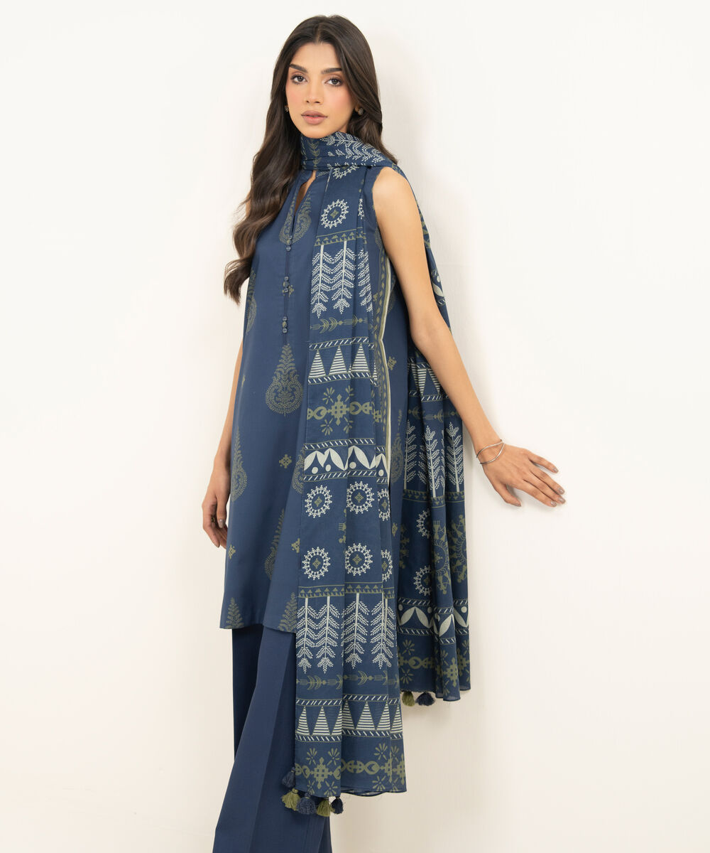 Women's Unstitched Lawn Printed Blue 3 Piece Suit