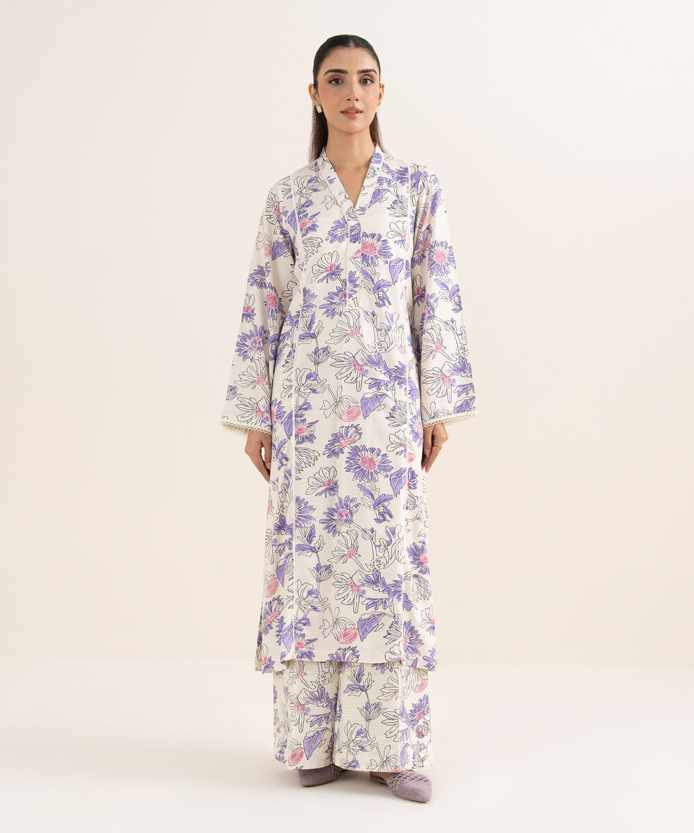 Women's RTW Herringbone Printed White A-Line Shirt