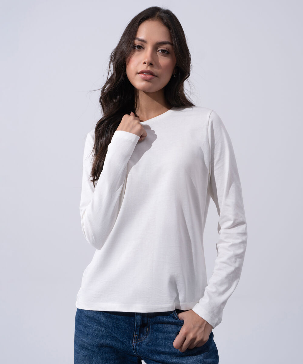 Women's Western Wear White Cotton Full Sleeves Knit T-Shirt