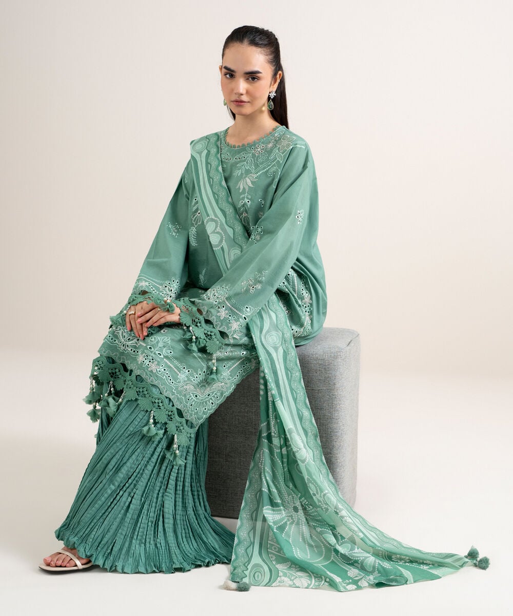Women's Unstitched Textured Lawn Embroidered Green 3 Piece Suit