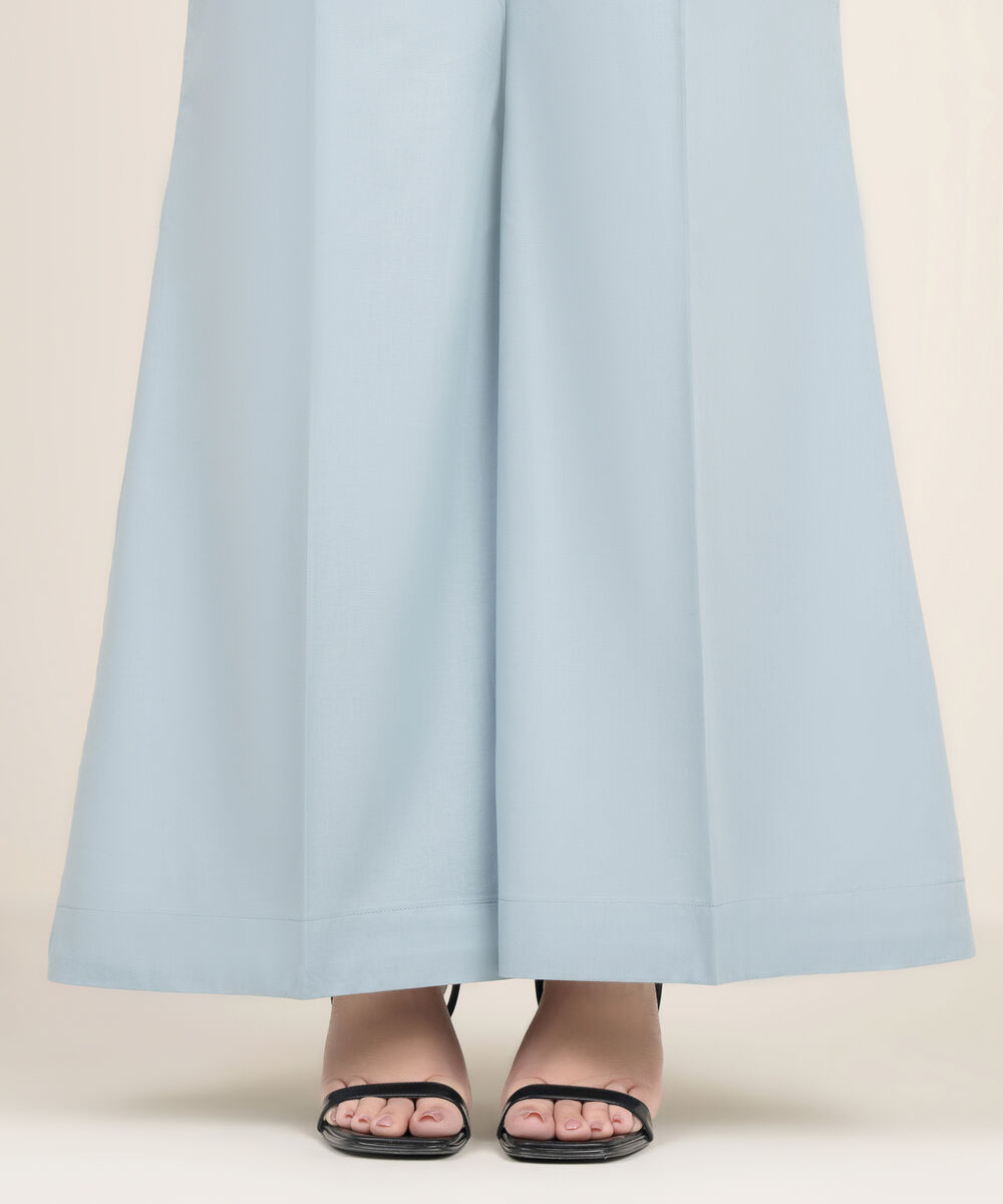 Women's RTW Cambric Solid Blue Flared Pants