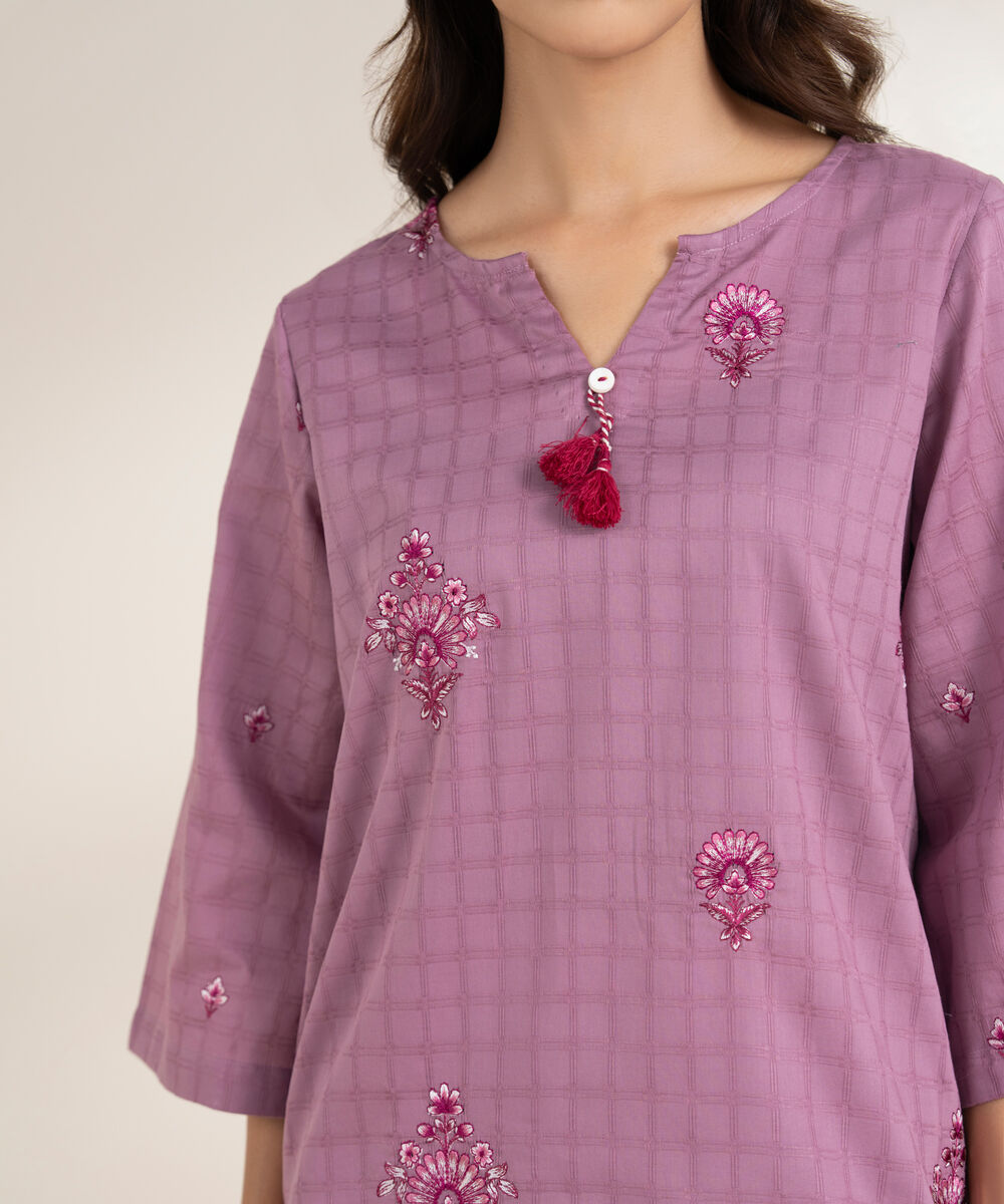 Women's RTW Textured Cotton Embroidered Straight Lilac Shirt
