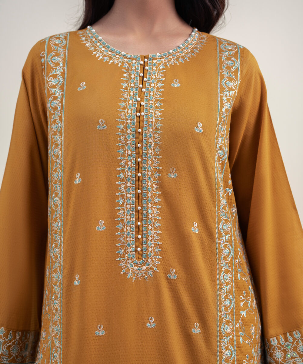 Women's RTW Dobby Embroidered Mustard Brown 3 Piece Suit