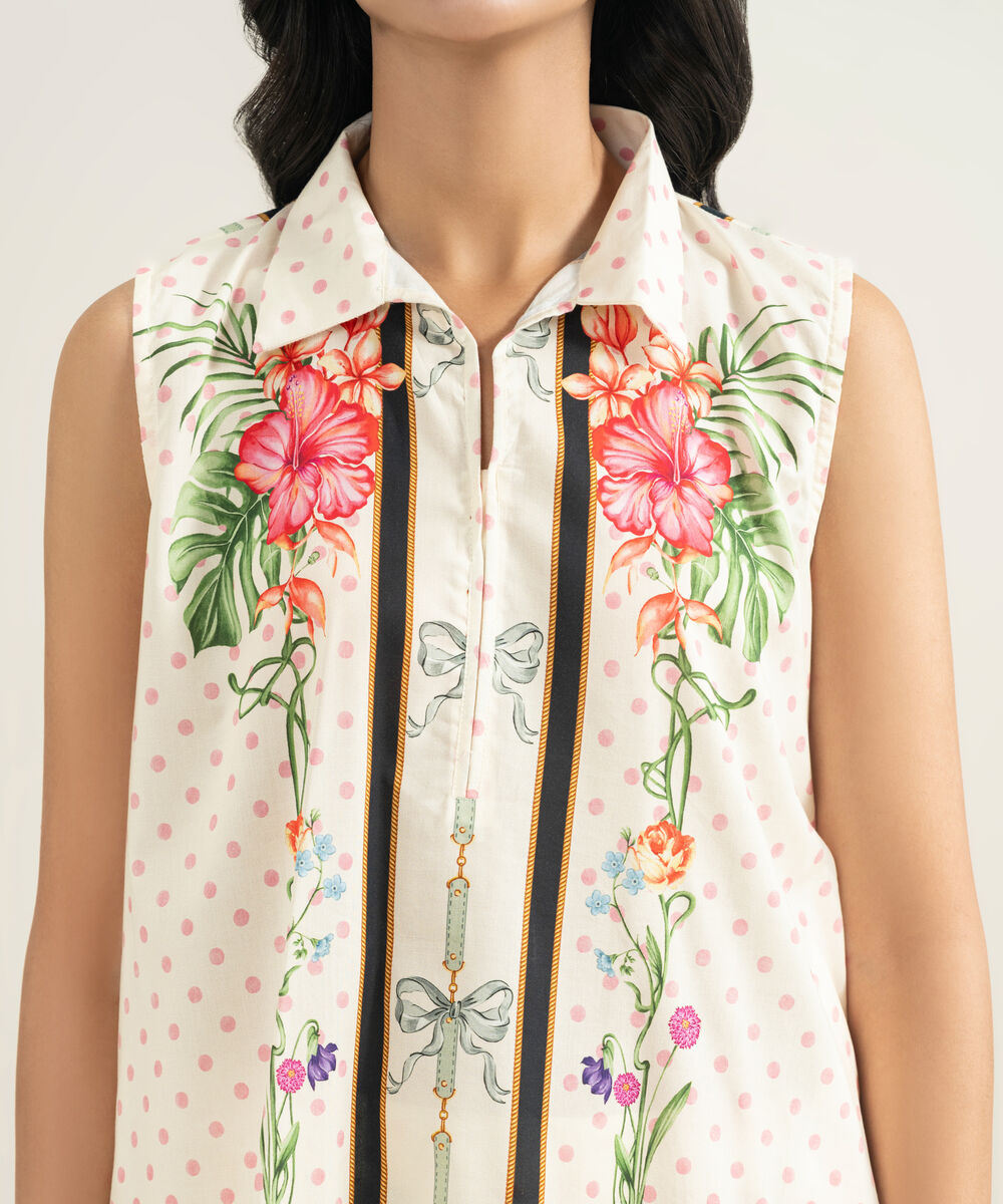 Women's RTW Cotton Viscose Printed Off White Straight Shirt