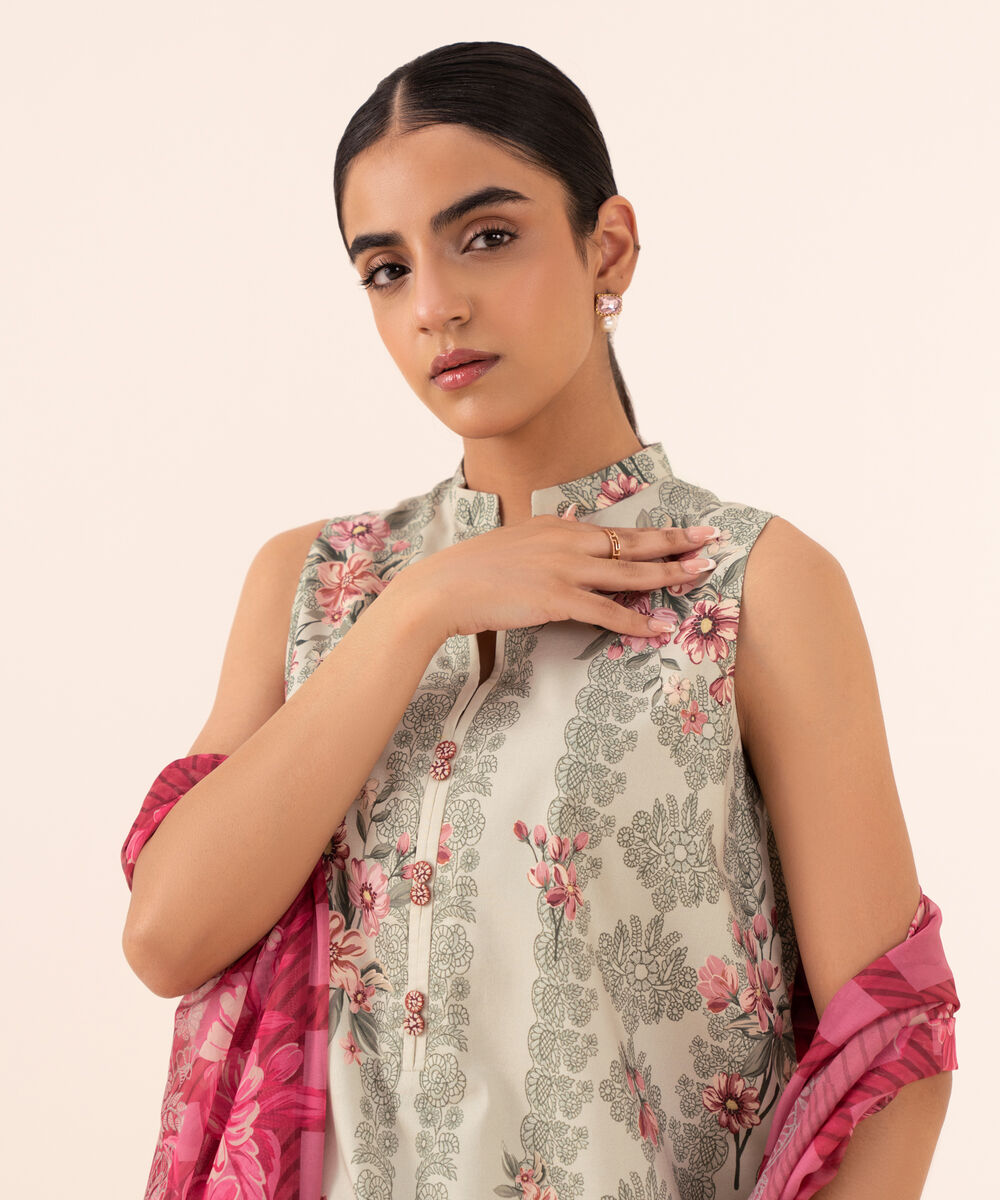 Women's Unstitched Cotton Viscose Embroidered Beige 3 Piece Suit