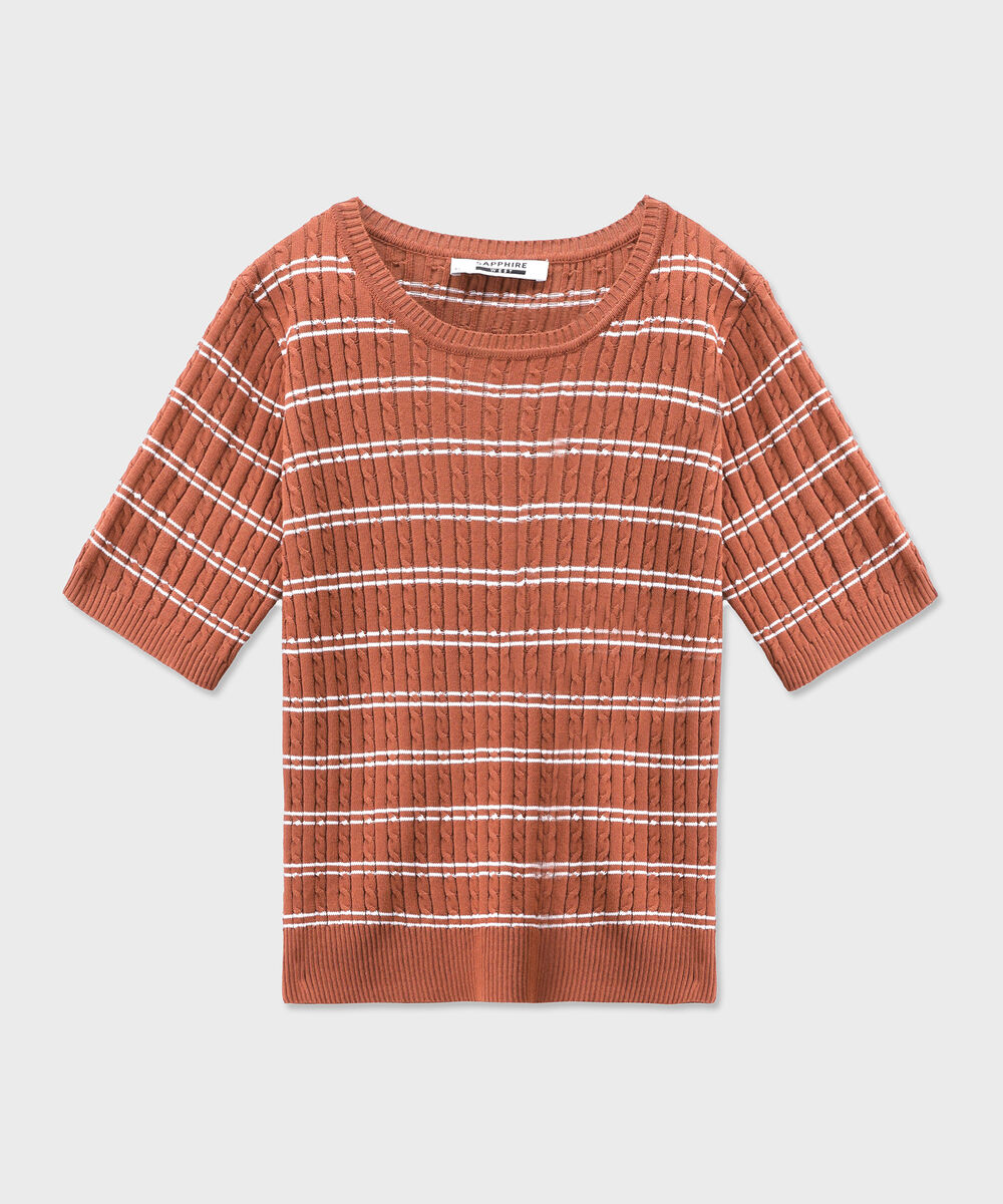 Women's Western Wear Brown Short Sleeve Striped Sweater