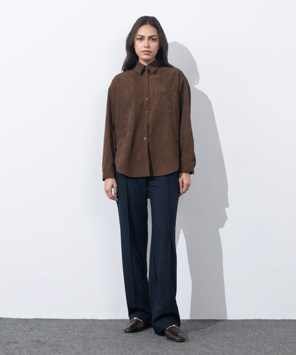 Women's Western Wear Brown Button Through Corduroy Shirt