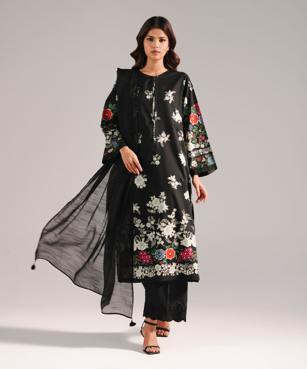 Women's RTW Dobby Printed Black 3 Piece Suit