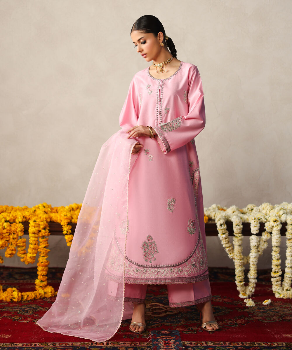 Women's RTW Silk Cotton Net Embroidered Pink 3 Piece Suit