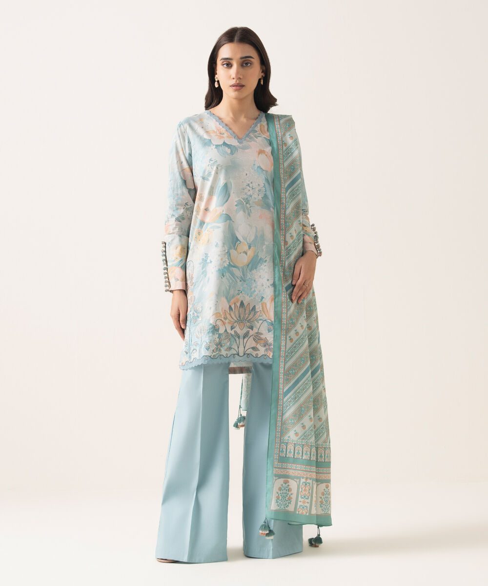 Women's Unstitched Textured Lawn Embroidered Blue 3 Piece Suit