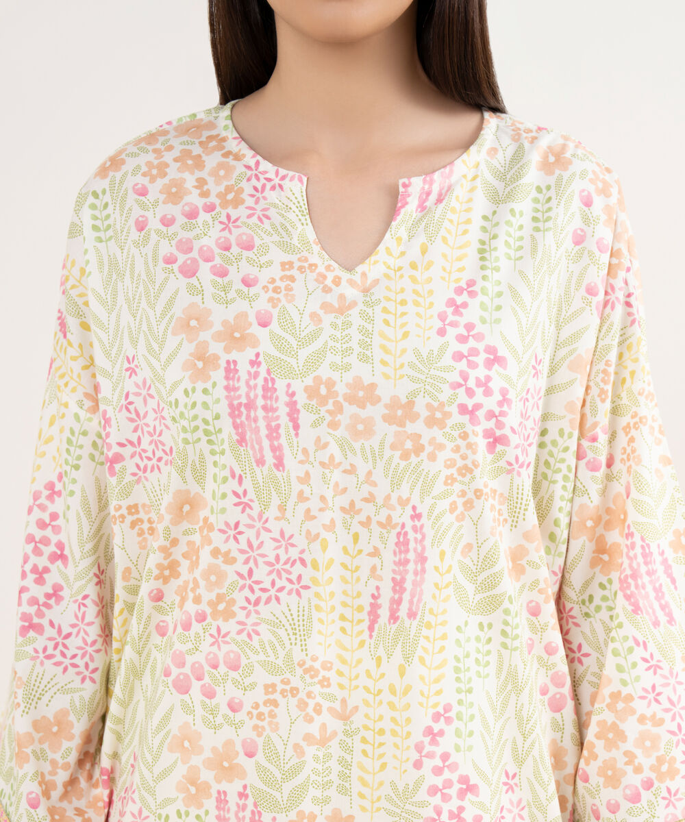 Women's RTW Lawn Off White Embroidered Drop Shoulder Shirt