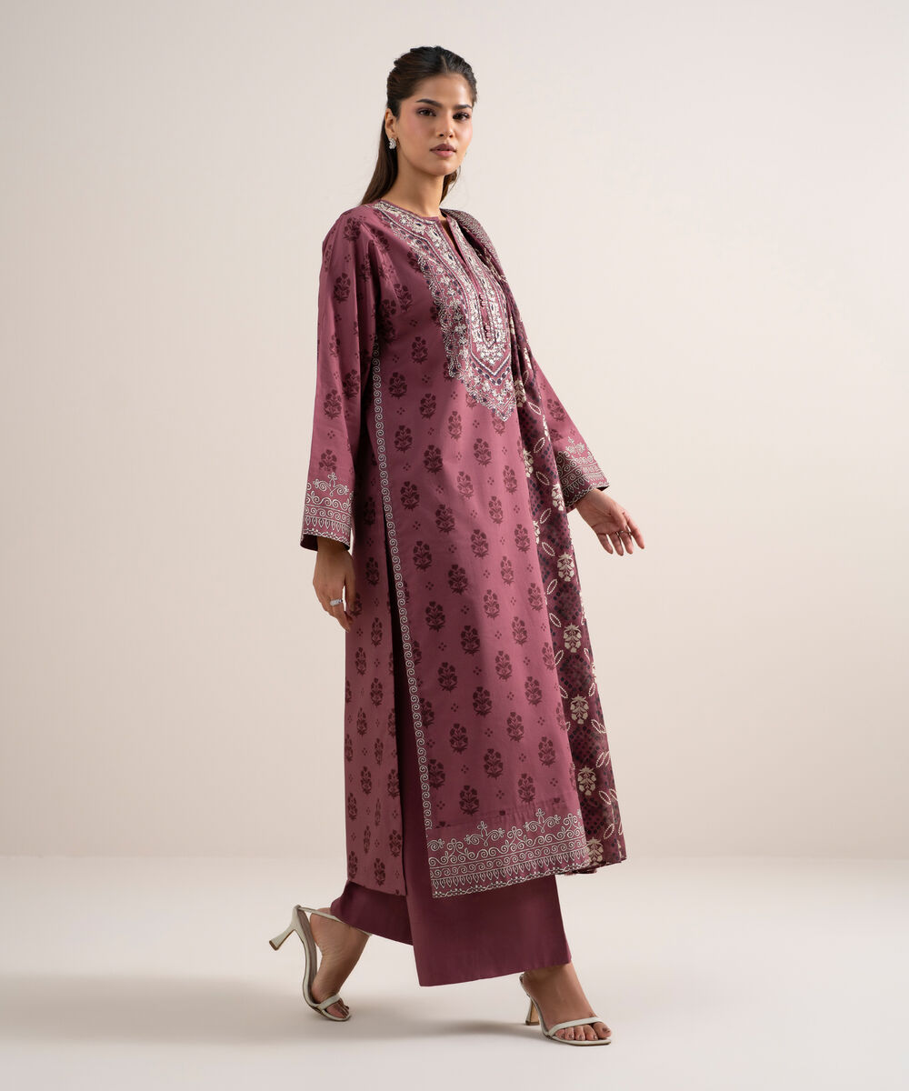 Women's Unstitched Lawn Embroidered Maroon 3 Piece Suit