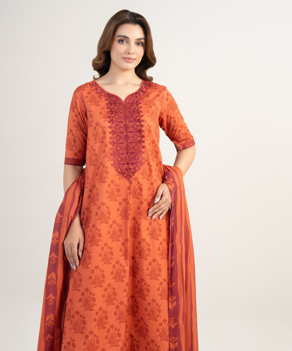 Women's Unstitched Lawn Embroidered Orange 3 Piece Suit