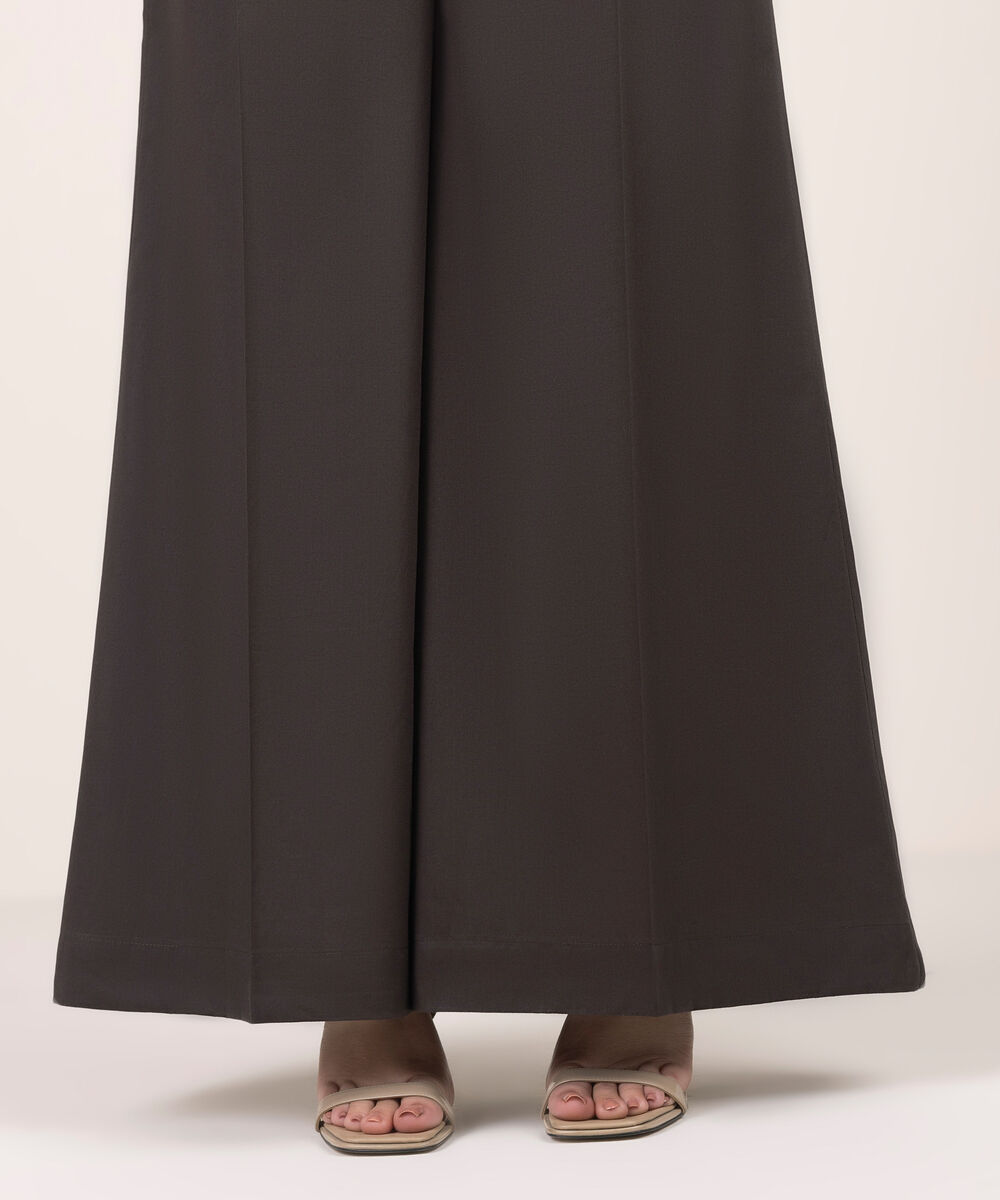 Women's RTW Lawn Solid Dark Brown Flared Pants