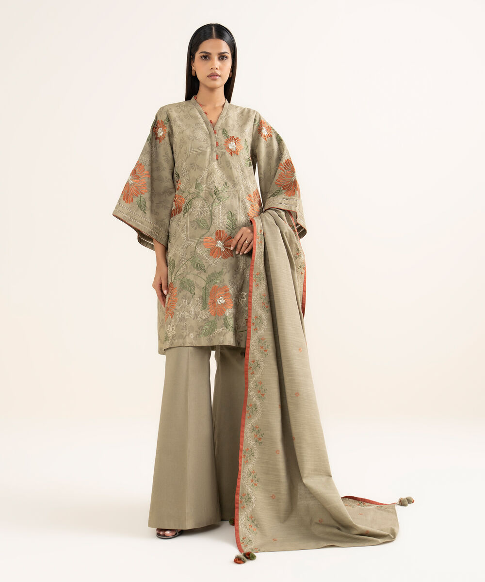 Women's Unstitched Cotton Jacquard Embroidered Beige 3 Piece Suit