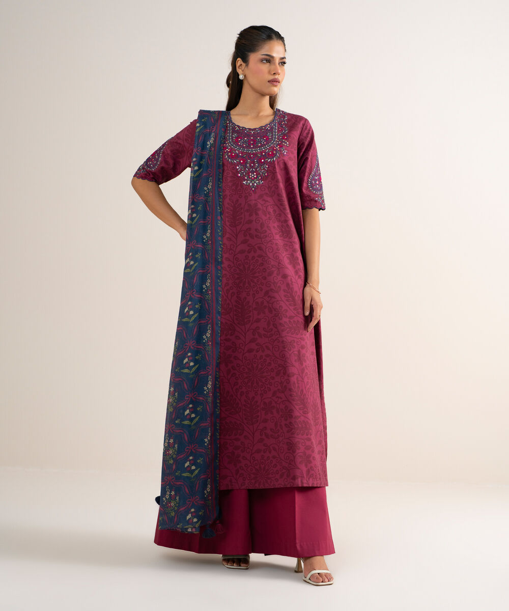 Women's Unstitched Cotton Embroidered Red 3 Piece Suit