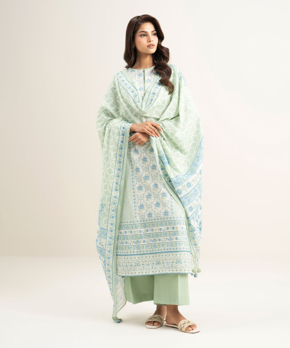 Women's Unstitched Lawn Printed Green 3 Piece Suit