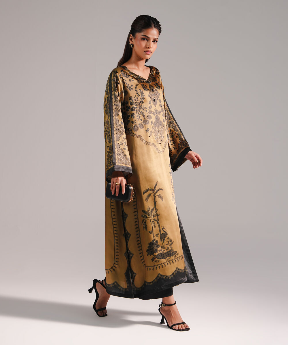 Women's RTW Blended Satin Printed Olive Green 2 Piece Suit