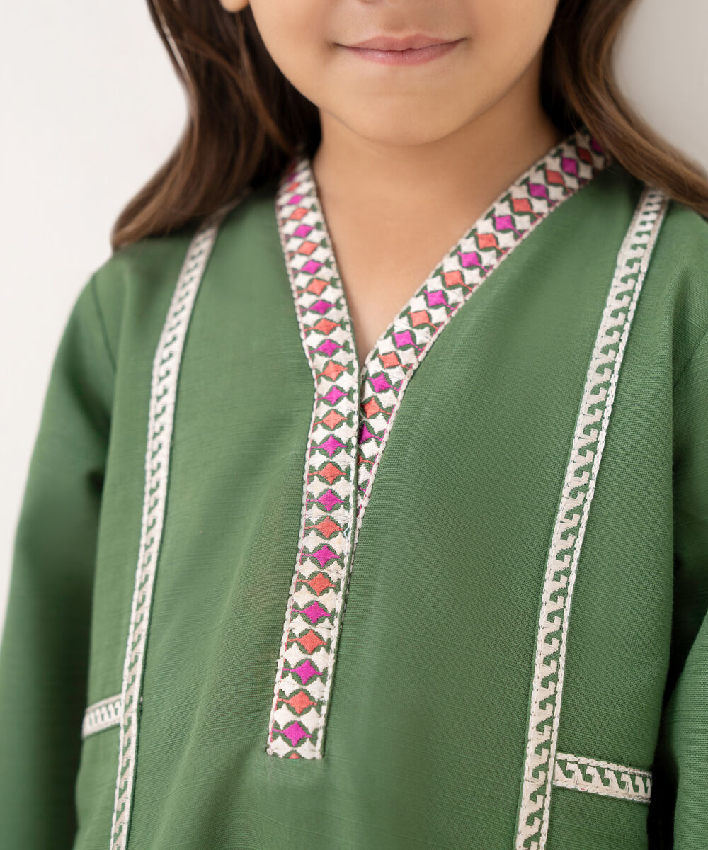 Girl's Light Khaddar Embroidered Green 2 Piece Suit