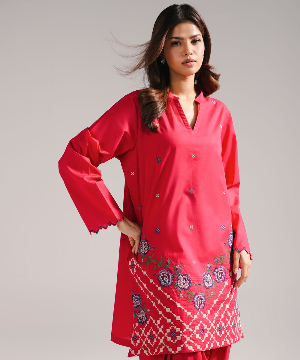 Women's RTW Slub Lawn Embroidered Red Straight Shirt