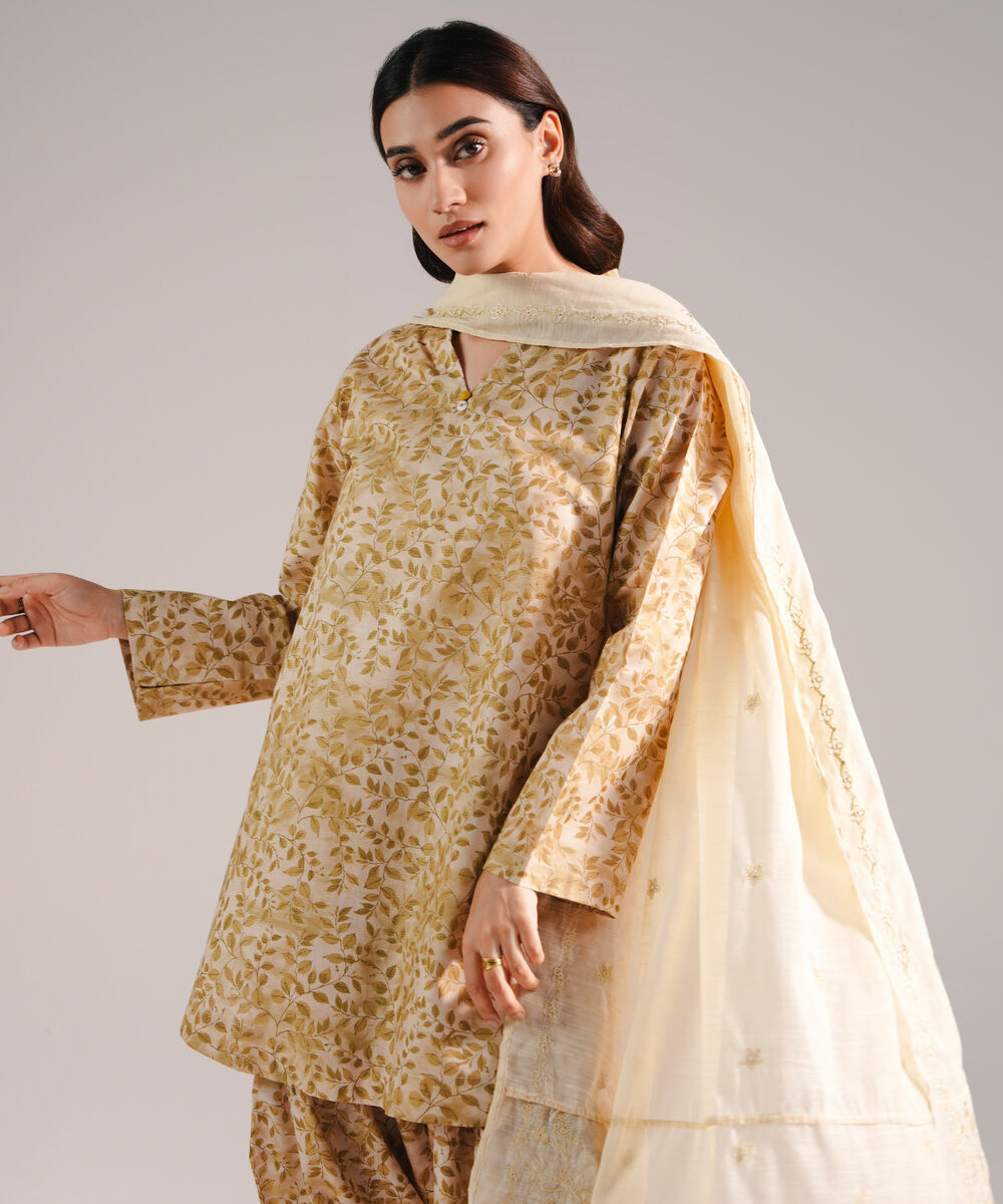 Women's RTW Zari Lawn Printed Beige 3 Piece Suit