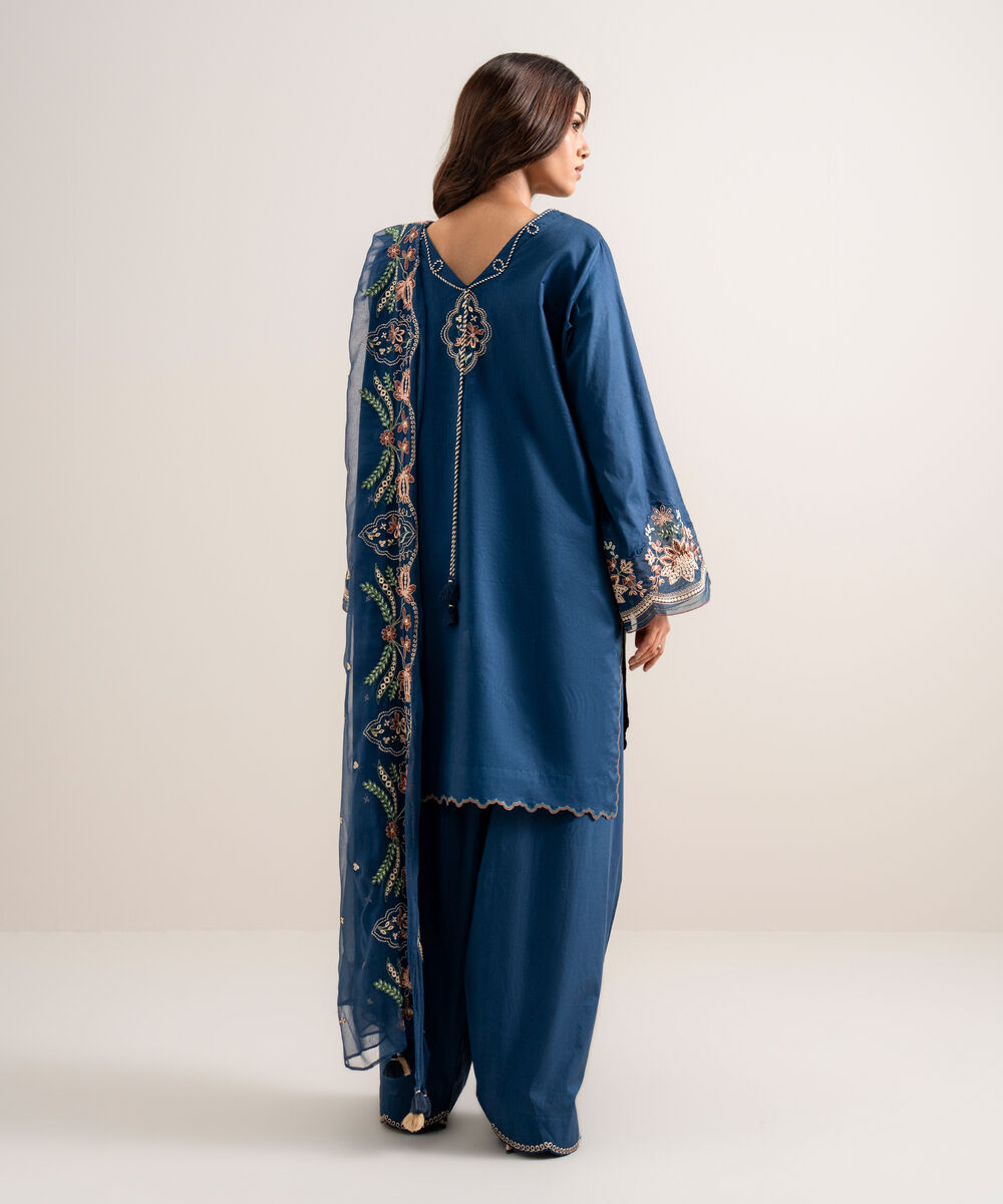 Women's Unstitched Embroidered Cotton Viscose Blue 3 Piece Suit