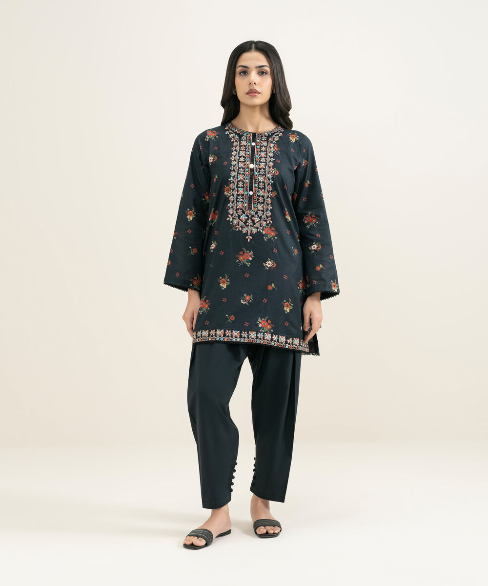 Women's RTW Slub Lawn Embroidered Black Straight Shirt