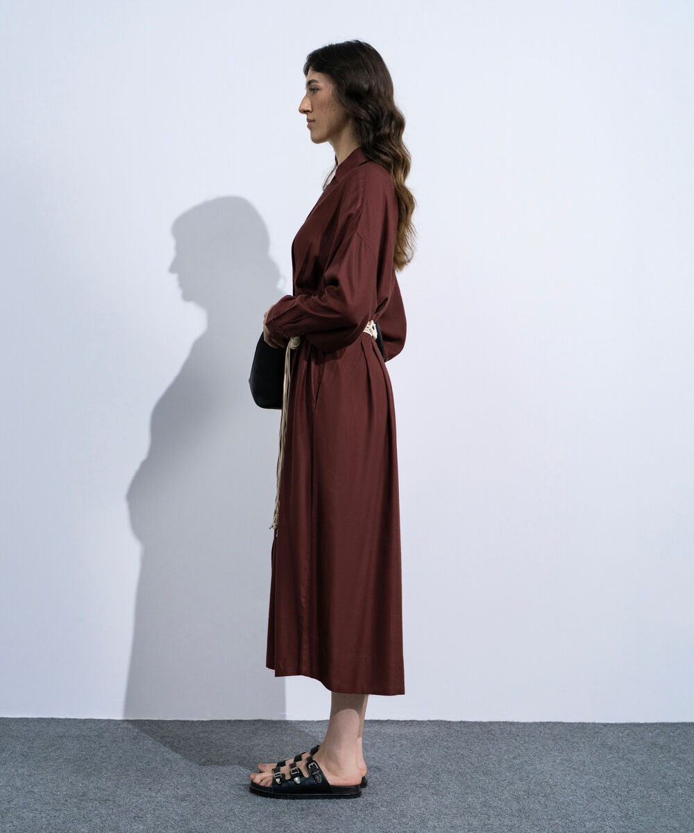 Women's Maroon Linen Blend Dress With  Crochet Belt
