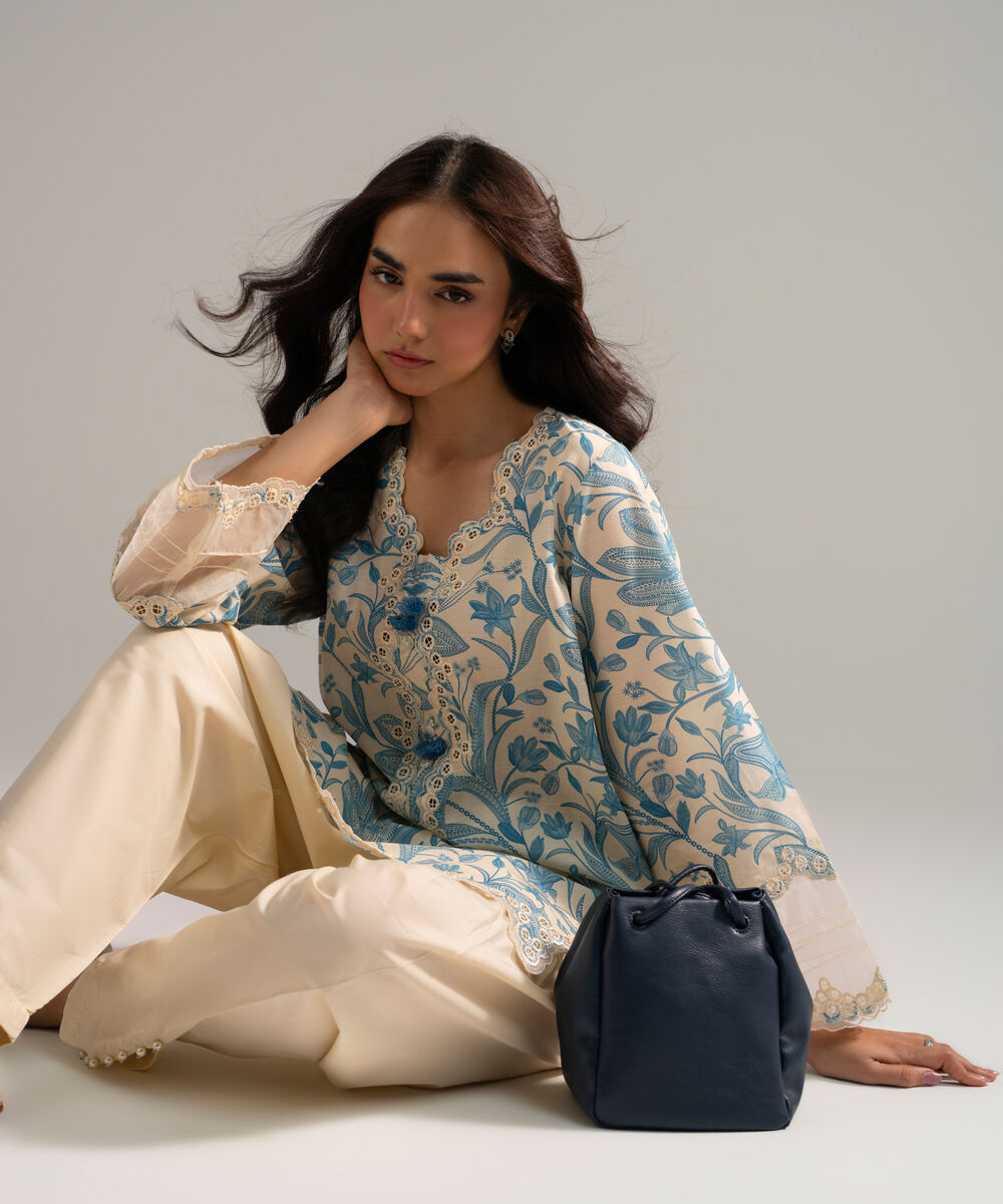 Women's RTW Slub Lawn Embroidered Off White 2 Piece Suit