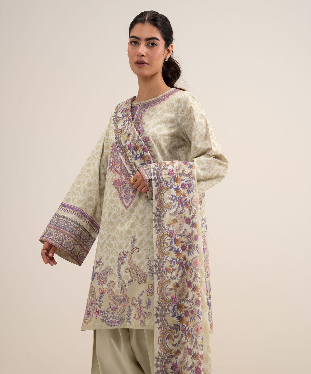 Women's Unstitched Lawn Embroidered Off White 3 Piece Suit
