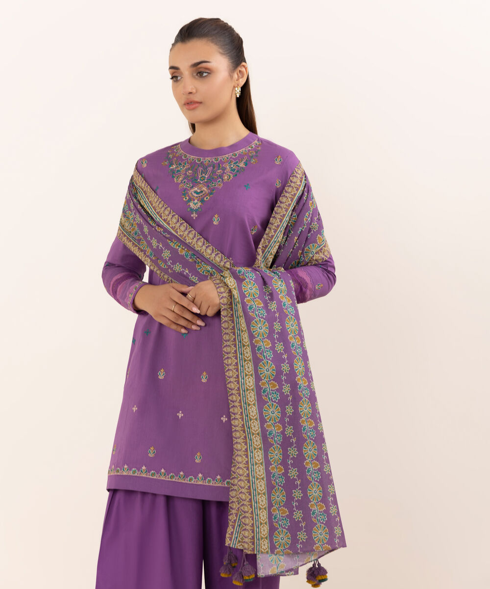 Women's Unstitched Lawn Embroidered Purple Three Piece Suit