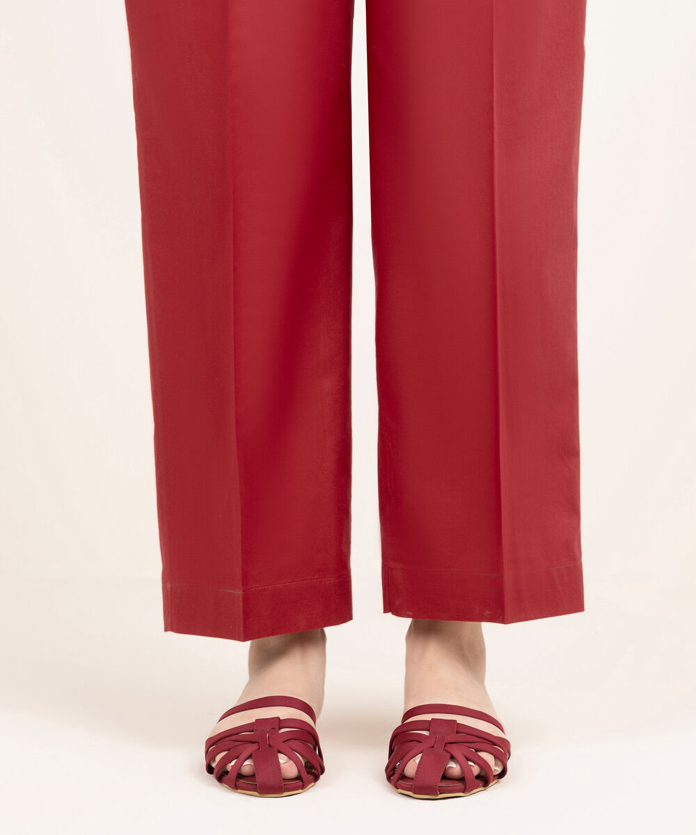 Women's RTW Linen Solid Maroon Straight Pants