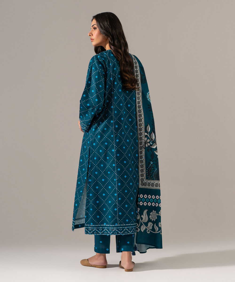 Women's RTW Khaddar Printed Teal 3 Piece Suit