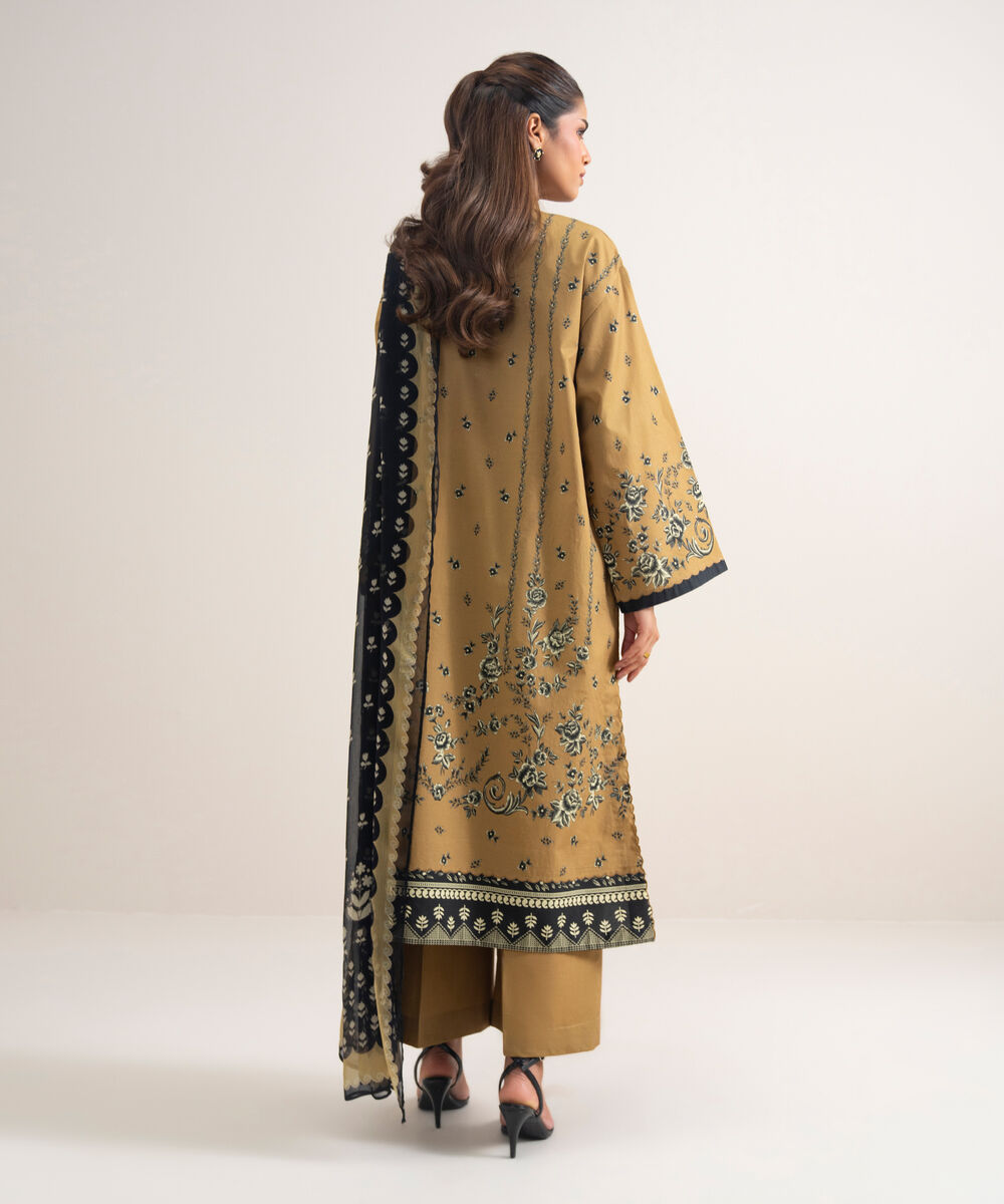 Women's Unstitched Cotton Embroidered Yellow