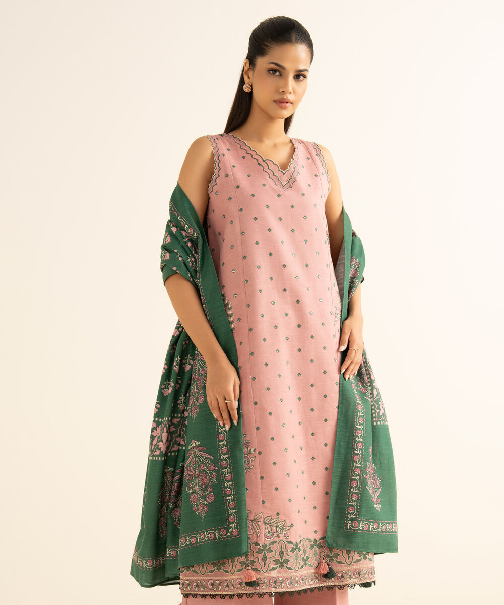 Women's Unstitched Light Khaddar Embroidered Pink 3 Piece Suit