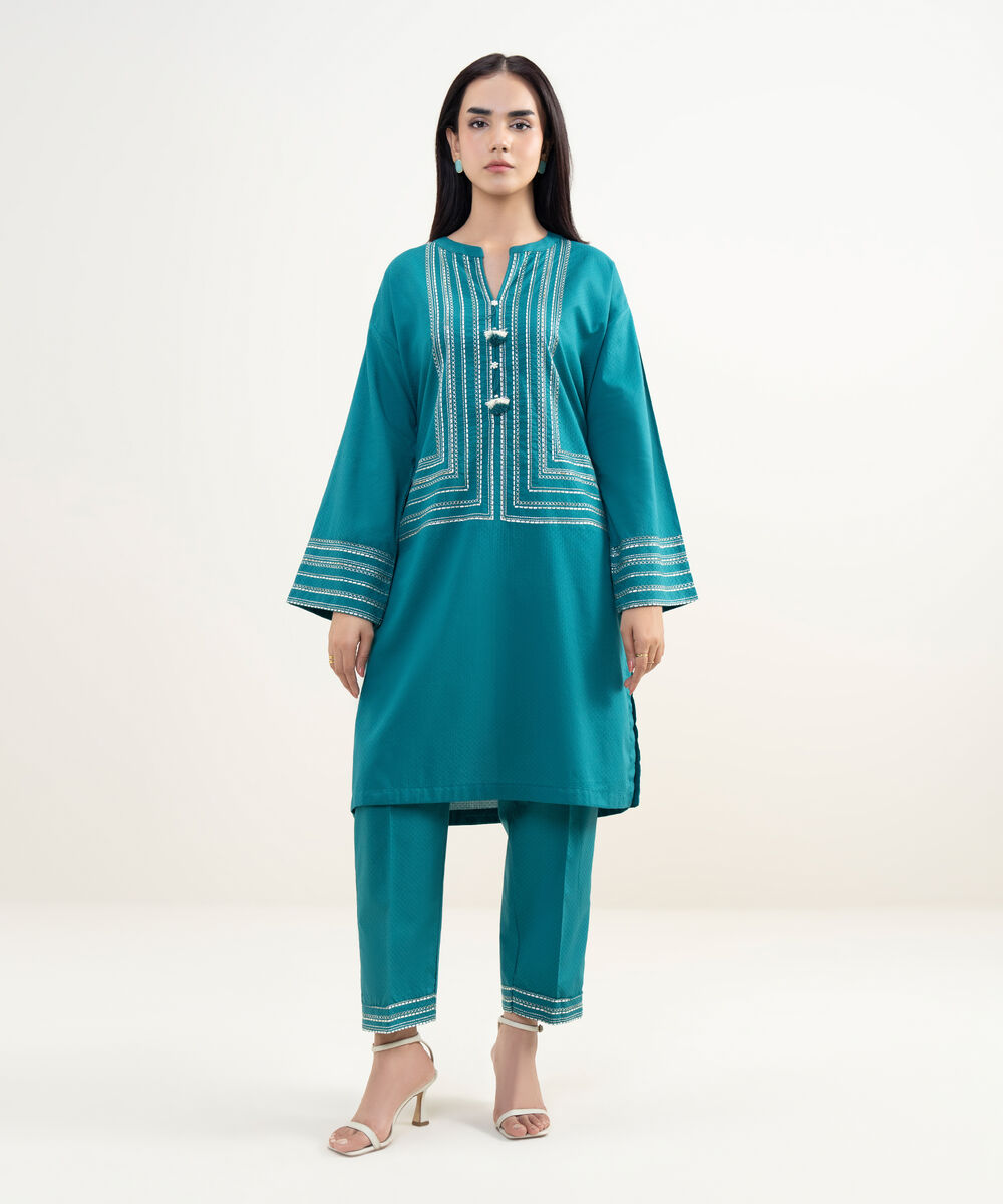 Women's RTW Dobby Embroidered Green Drop Shoulder Shirt