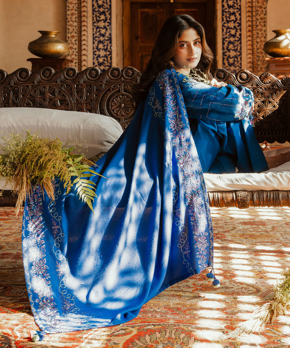 Women's Unstitched Embroidered Cotton Jacquard Blue 3 Piece Suit